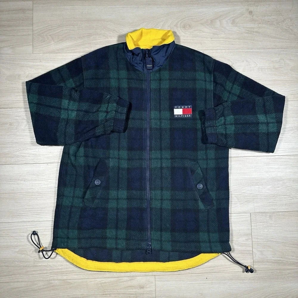 VTG 90s Tommy Hilfiger Green Tartan Plaid Fleece Mens Small Long Sleeve Jacket